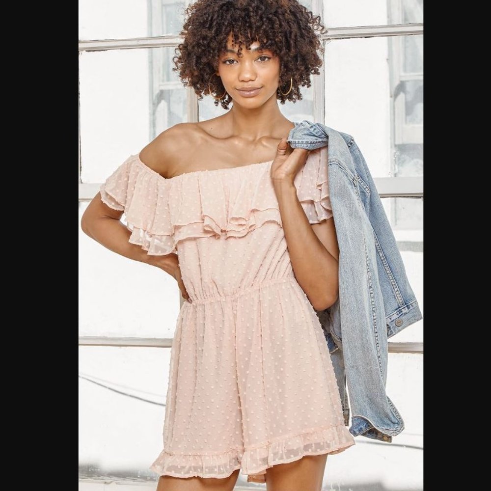 NWT Lulu's Frilled to Bits Swiss Dot Off the Shoulder Romper | Pink | Size XL